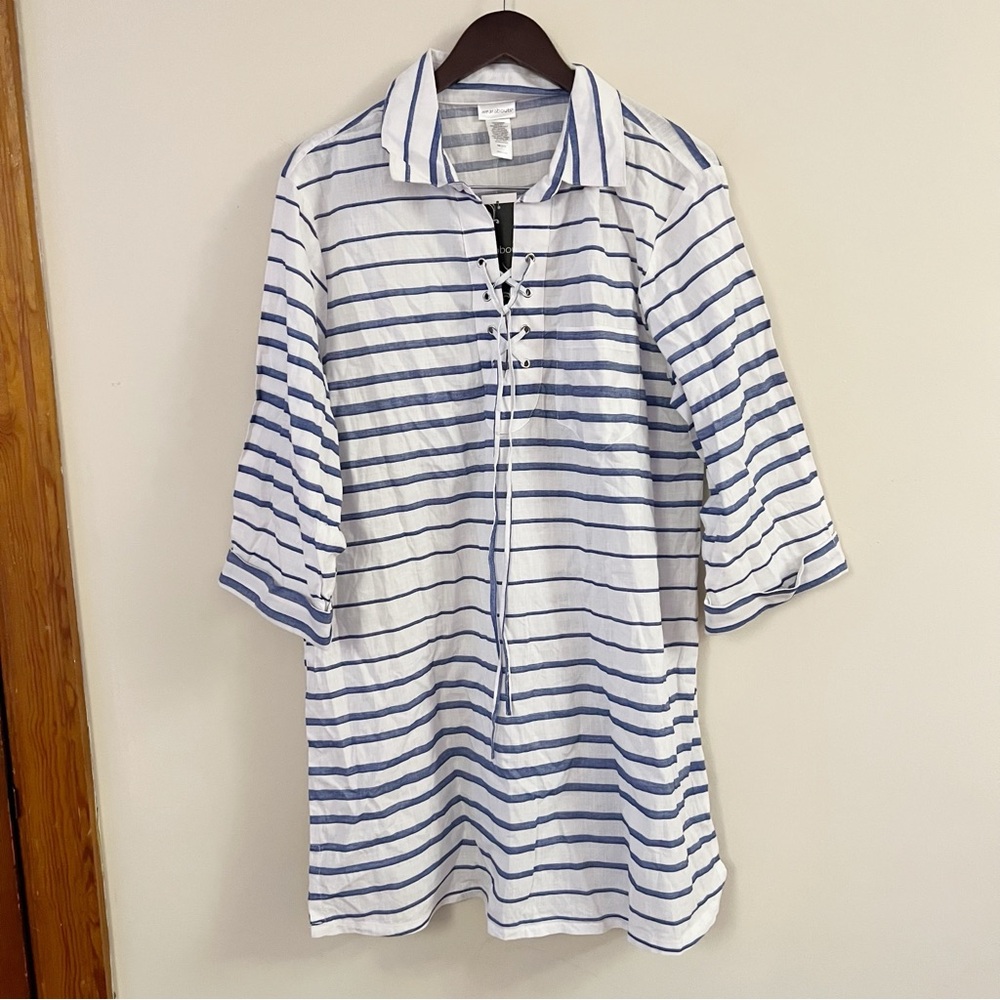 Wearabouts Blue Striped Cotton Shirt Dress Swim Coverup size Large NEW